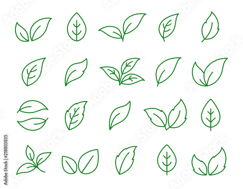 set of linear green leaf icons on white
