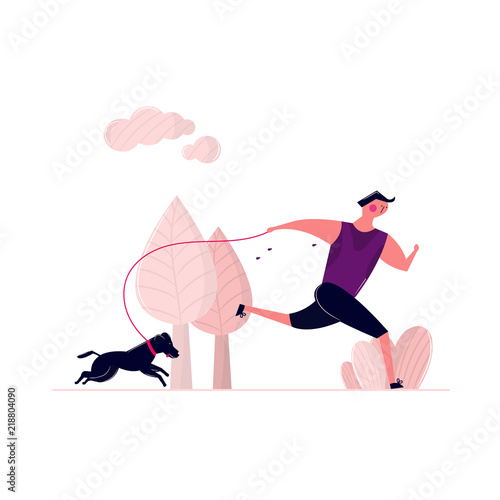 Man running with dog on street in park outdoor