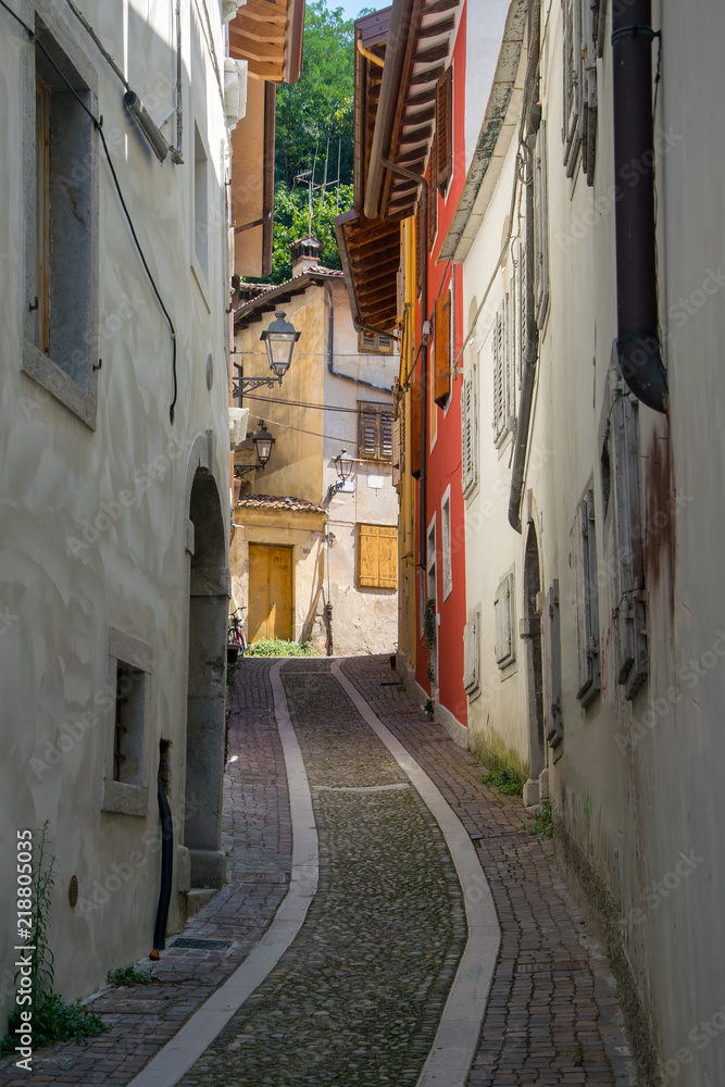 Empty narrow medieval street in Gorizia, Italy