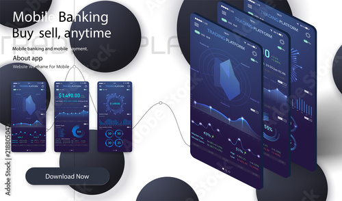 Market trade. Binary option. Trading platform, account. Money Making, business. Market analysis. Investing. Screen of user interface for phone,Modern 3d trade app