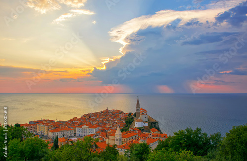 Magnificent sunset over old town of Piran, Slovenia