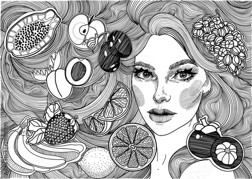 
vector black and white ornament drawing beautiful girl with plush hair and fruits, interwoven healthy braid curls 