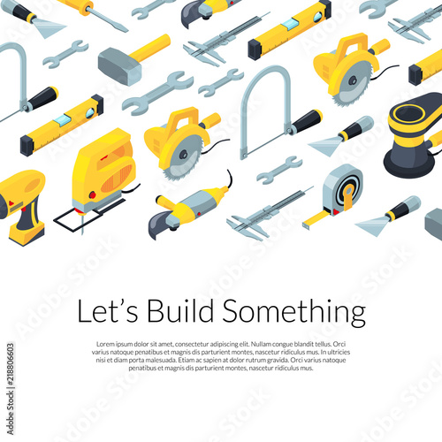 Vector construction tools isometric icons background illustration
