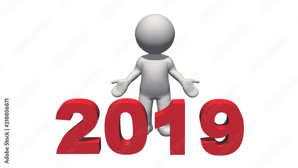 Year change to 2019 with 3D people - isolated on white background - 3D rendering Year change to 2019 with 3D people - isolated on white background - 3D rendering