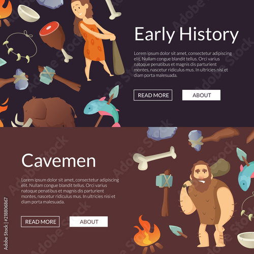 Vector cavemen banners and poster stone age illustration