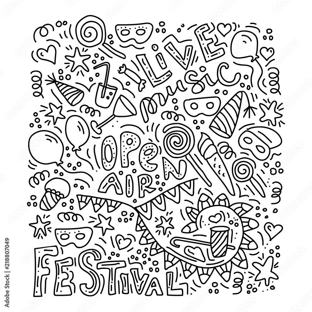 Hand drawn, open air doodle set. Sketch icons for invitation, flyer, poster, t-shirt design or blog. Isolated on white background