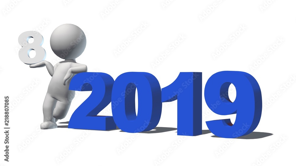 Year change to 2019 with 3D people - isolated on white background - 3D rendering Year change to 2019 with 3D people - isolated on white background - 3D rendering
