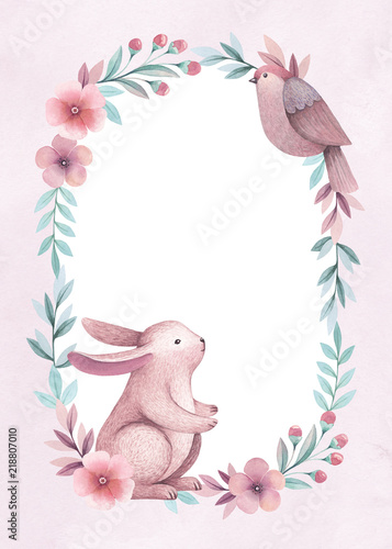 Watercolor illustrations of a bunny, birds and flowers. Perfect for greeting cards and invitations