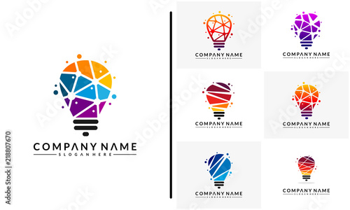 Set of Modern Tech Bulb logo designs concept, Pixel Technology Bulb Idea logo template