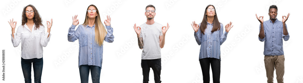Group and team of young business people over isolated white background relax and smiling with eyes closed doing meditation gesture with fingers. Yoga concept. Group and team of young business people over isolated white background relax and smiling with eyes closed doing meditation gesture with fingers. Yoga concept.
