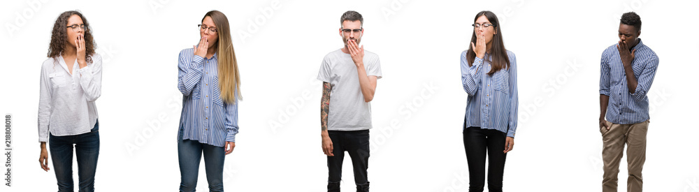 Group and team of young business people over isolated white background bored yawning tired covering mouth with hand. Restless and sleepiness. Group and team of young business people over isolated white background bored yawning tired covering mouth with hand. Restless and sleepiness.