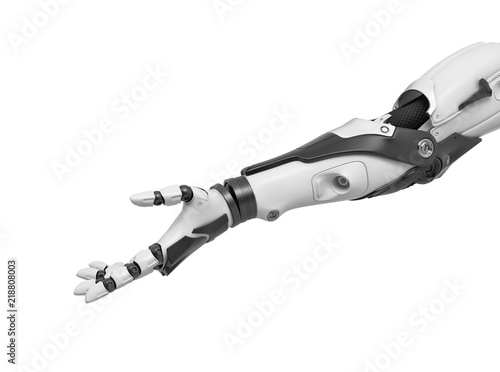 3d rendering of a single cyborg arm with the palm held up in friendly gesture.