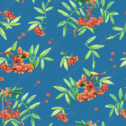 Seamless pattern of twigs with Rowan berries painted with watercolor.