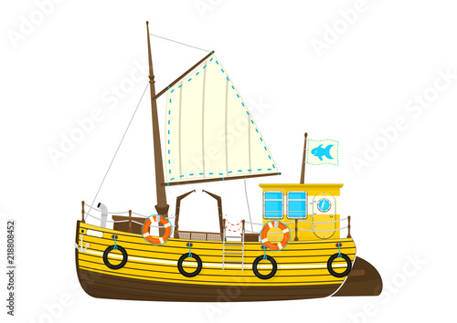 Fishing boat. Cartoon retro fishing boat on the white background. Side view. Flat vector.