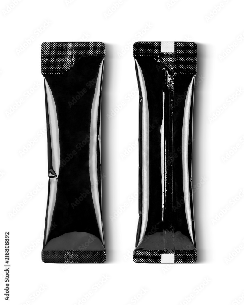 black aluminum foil coffee stick pouch isolated on white background black aluminum foil coffee stick pouch isolated on white background