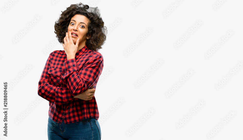 Beautiful arab woman scared in shock, expressing panic and fear Beautiful arab woman scared in shock, expressing panic and fear