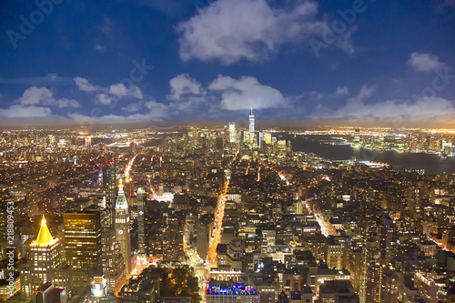 aerial of skyline of New York by night