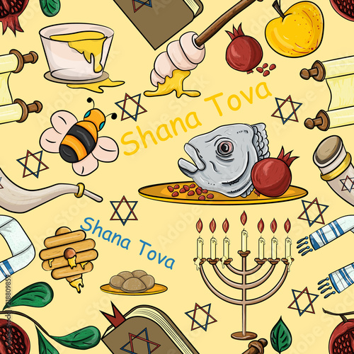 seamless pattern illustration on the theme of Jewish new year, Rosh Hashanah, Shana Tova, happy and sweet New year,