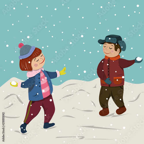 Winter Christmas collection. Children play snowballs in winter.