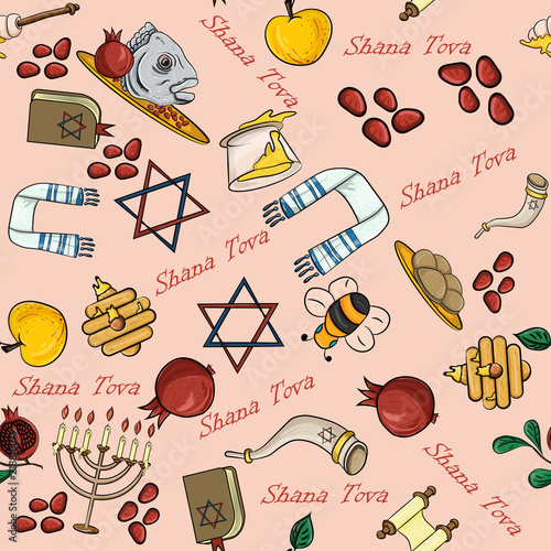 seamless_4_pattern illustration on the theme of Jewish new year, Rosh Hashanah, Shana Tova, happy and sweet New year,
