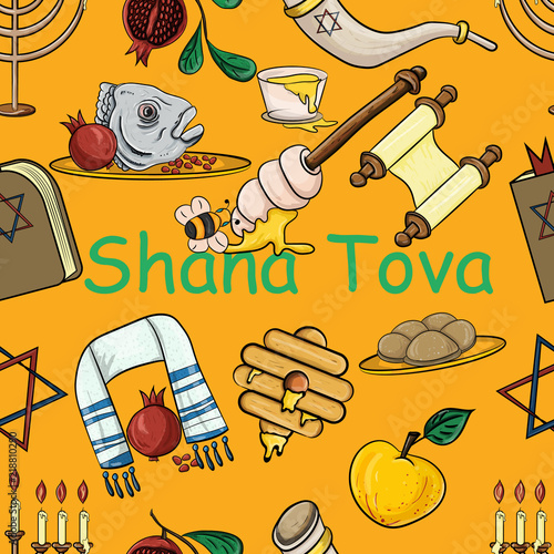 seamless_8_pattern illustration on the theme of Jewish new year, Rosh Hashanah, Shana Tova, happy and sweet New year,