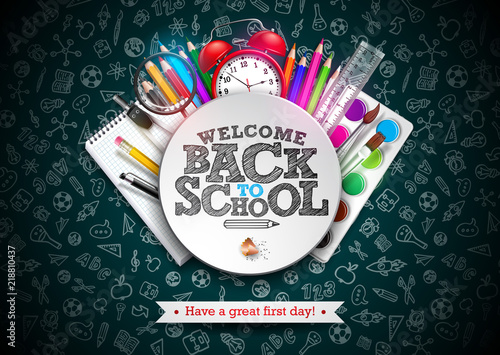 Back to school design with colorful pencil, typography lettering and other school items on dark chalkboard background. Vector School illustration with hand drawn doodles for greeting card, banner photo