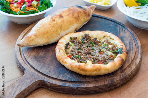 Turkish Bafra Pide with Minced Meat Kavurma photo