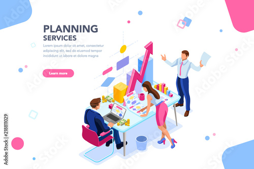 Analyst, financial banner. Planner, corporate earning calculate, data discussion. Consultant concept, characters, text on flat isometric emblem. Flowchart icons, infographic images vector illustration