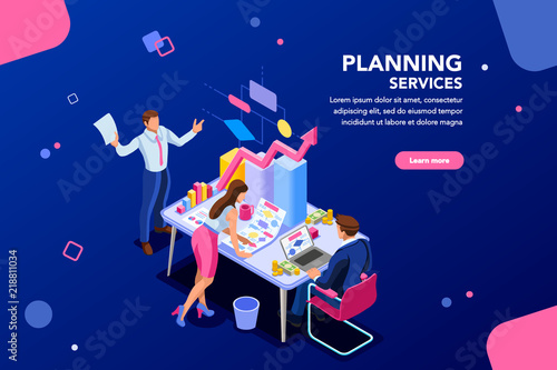 Analyst, financial banner. Planner, corporate earning calculate, data discussion. Consultant concept, characters, text on flat isometric emblem. Flowchart icons, infographic images vector illustration