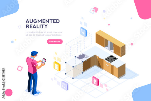 Augmented reality visualization on device. Character on a concept of furniture application to build interior catalog for shop. Futuristic app interaction. Vr concept or ar. Flat isometric illustration