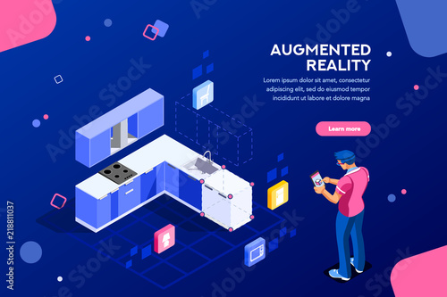 Augmented reality visualization on device. Character on a concept of furniture application to build interior catalog for shop. Futuristic app interaction. Vr concept or ar. Flat isometric illustration