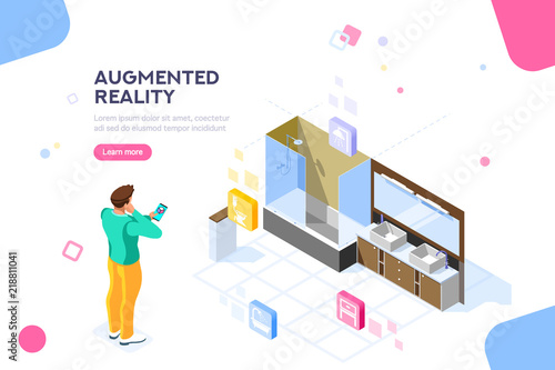 Augmented reality visualization on device. Character on a concept of furniture application to build interior catalog for shop. Futuristic app interaction. Vr concept or ar. Flat isometric illustration