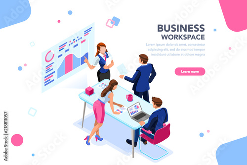 Business workflow management, office situations. People workspace creative interact. Developer sitting with glasses, website brainstorming. Infographic workplace collection, design page flat isometric