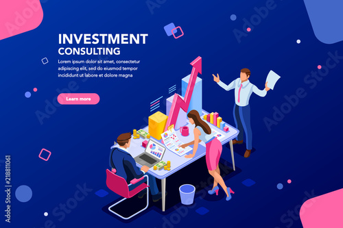 Business adviser team. Management of investment, meeting, account, consultant discussion. Data income graph professional analyzing, financial analyst concept. Characters on flat isometric illustration