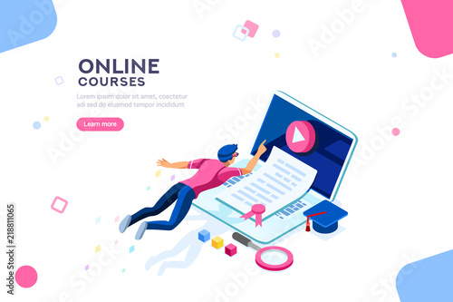 Exam or college research. Teaching infographic, tutorial online, courses, seminar or class. Desk of knowledge concept with characters and text. Flat isometric vector illustration