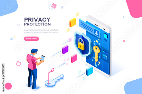 Infographic, banner with hero protect data and confidentiality. Safety and confidential data protection, concept with character saving code and check access. Flat isometric vector illustration.