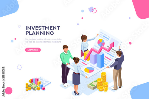 Creative income planning for sales. Teamwork, account company, increase corporate result. Growth concept with characters and text for services. Flat isometric infographic images vector illustration.