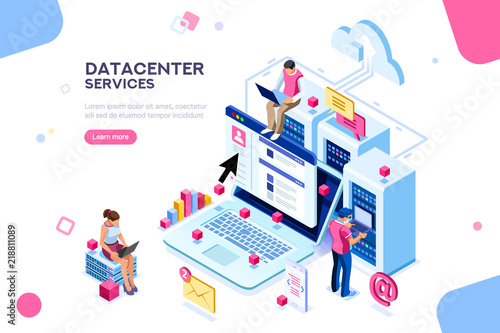 Internet datacenter connection, administrator of web hosting concept. Character and text for services. Tech repair center hardware software database for safe server. Flat isometric vector illustration