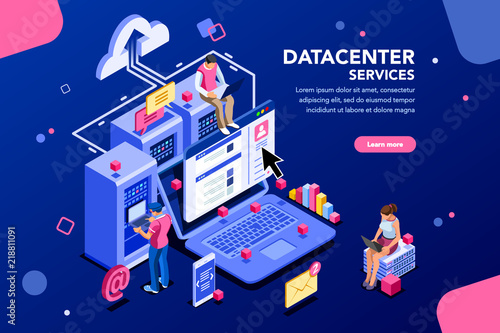 Internet datacenter connection, administrator of web hosting concept. Character and text for services. Tech repair center hardware software database for safe server. Flat isometric vector illustration