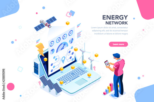 Augmented reality connection and accounting of energy station. Future, futuristic chart of energy visualization on application, email or infographics. Infrastructure of network. Flat isometric design.
