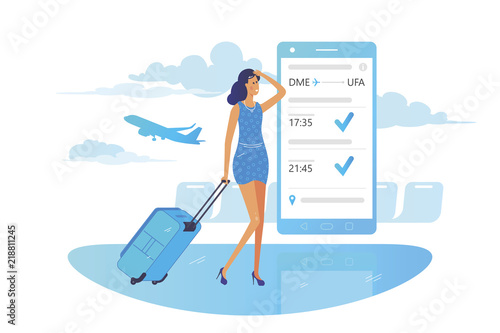 Girl looks at flight information on smartphone