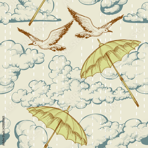 Sky seamless pattern. Clouds and rain, umbrellas flying up in the sky