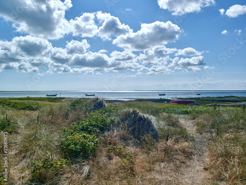 Laesoe   Denmark  View from the dune at Bloeden Hale over the coastal salt marsh and the wide bay called Boved Bugt