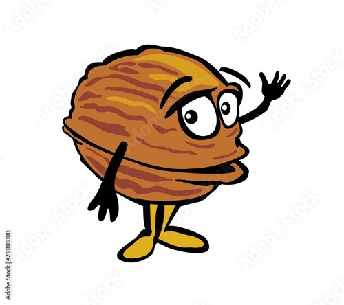 Walnut waves his hand. Color vector flat illustration on white background.