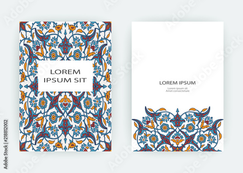 Arabesque floral decoration print, border design template vector. Oriental flowers style pattern. Eastern motif element. Ornamental frame illustration background invite, greeting card, wedding