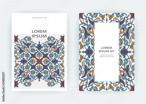 Arabesque floral decoration print, border design template vector. Oriental flowers style pattern. Eastern motif element. Ornamental frame illustration background invite, greeting card, wedding