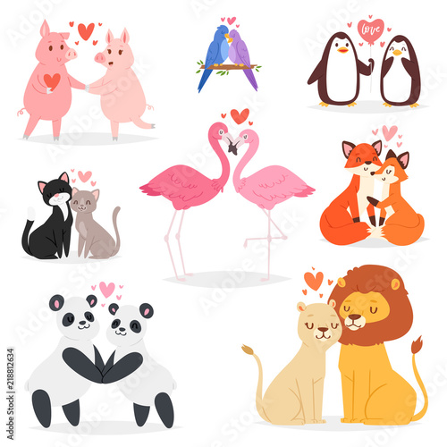 Couple in love vector animal lovers characters panda or cat on loving date on Valentines day and flamingo kissing loved bird illustration hearted lovely set isolated on white background