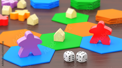 Board game, two figures and dice. 3D rendering.