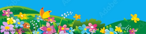 Ladybird and butterfly. Nature field with green grass, flowers at meadow and water drops dew on green leaves. Summer landscape. Vector flat illustration