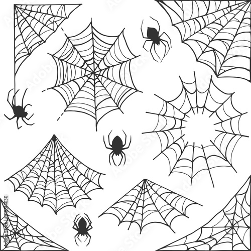 Spider web Halloween symbol. Cobweb decoration elements collection. Halloween cobweb vector frame and borders with spider for scary design